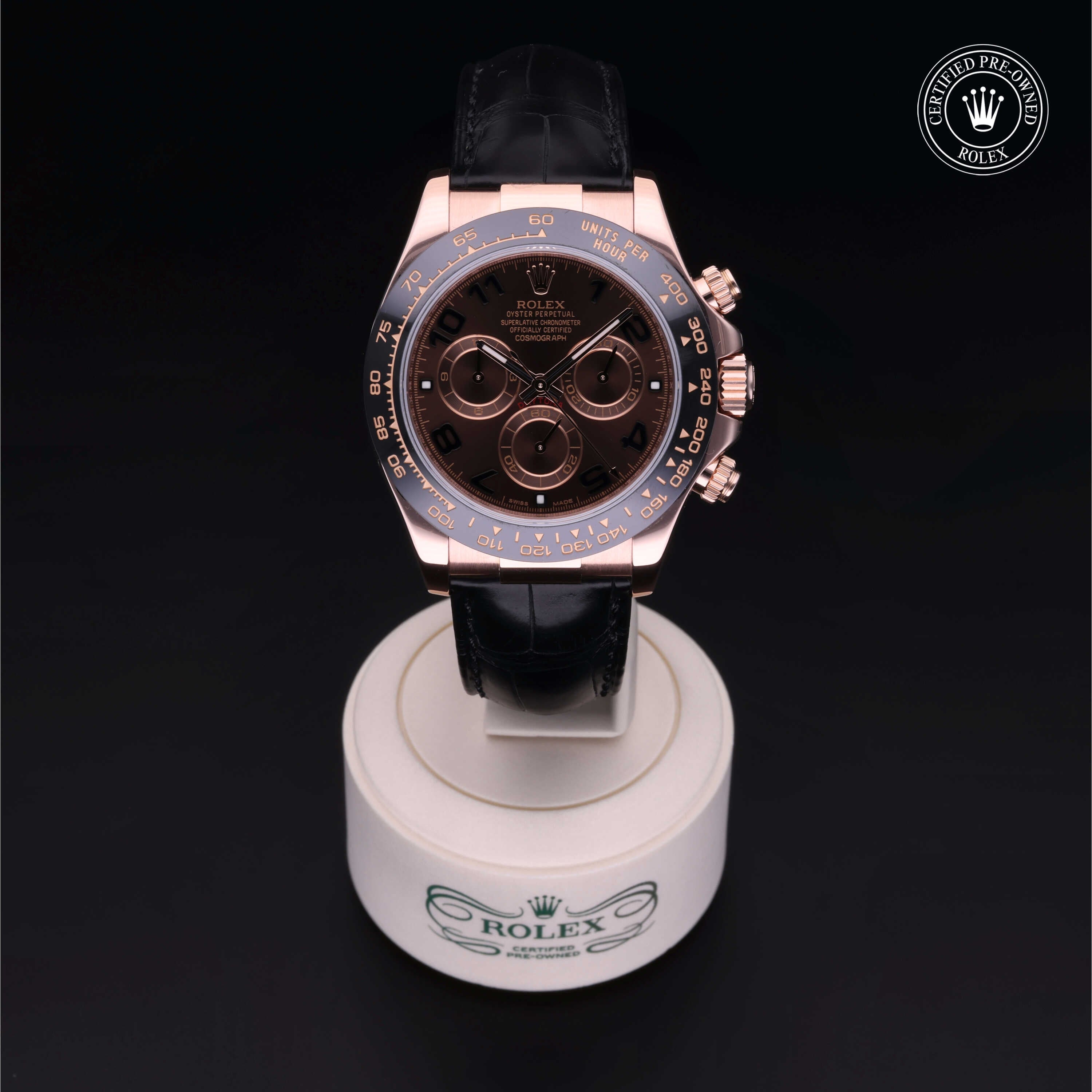 Rolex Certified Pre-owned Daytona M116515LN-0002 front on black background