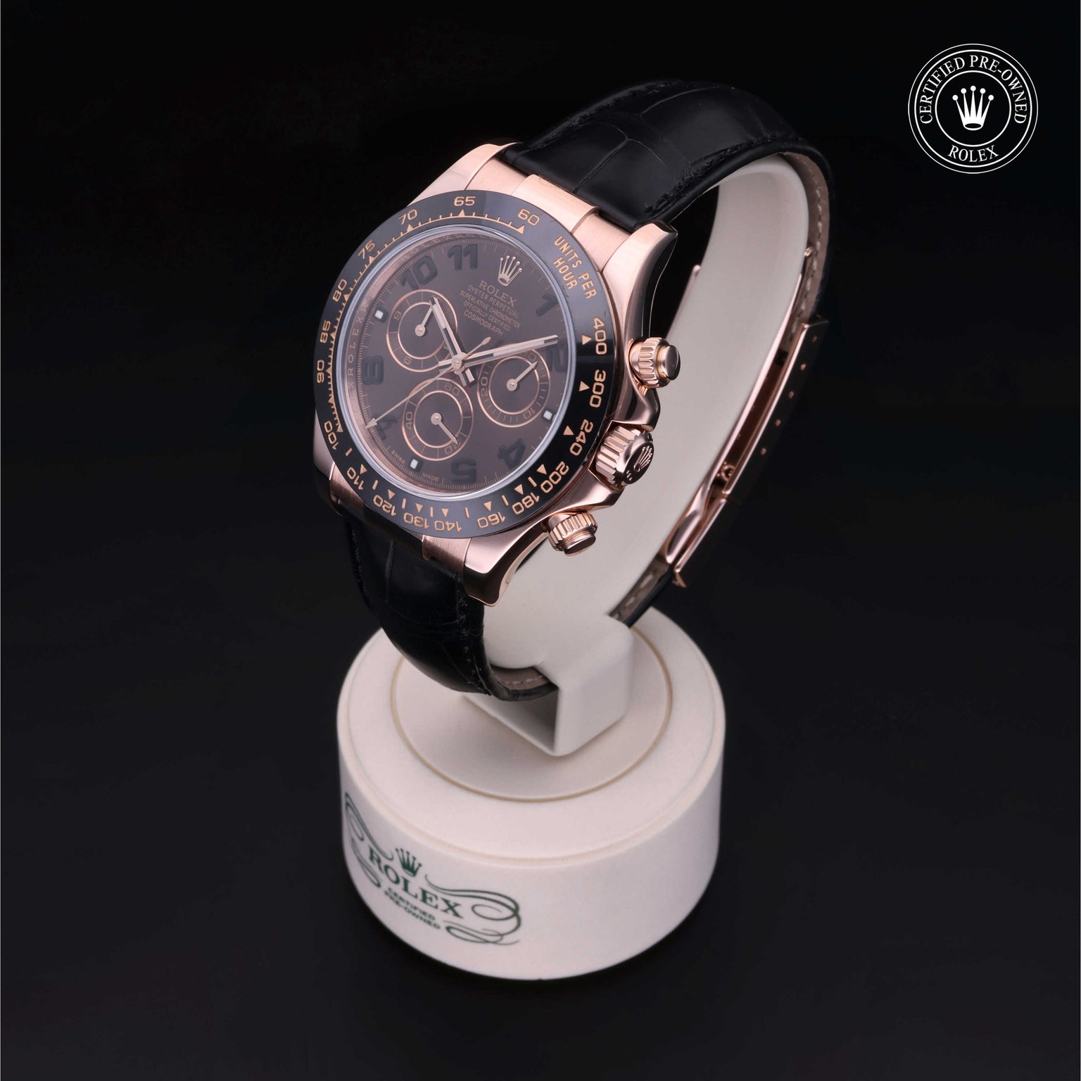 Rolex Certified Pre-owned Daytona M116515LN-0002 front on black background