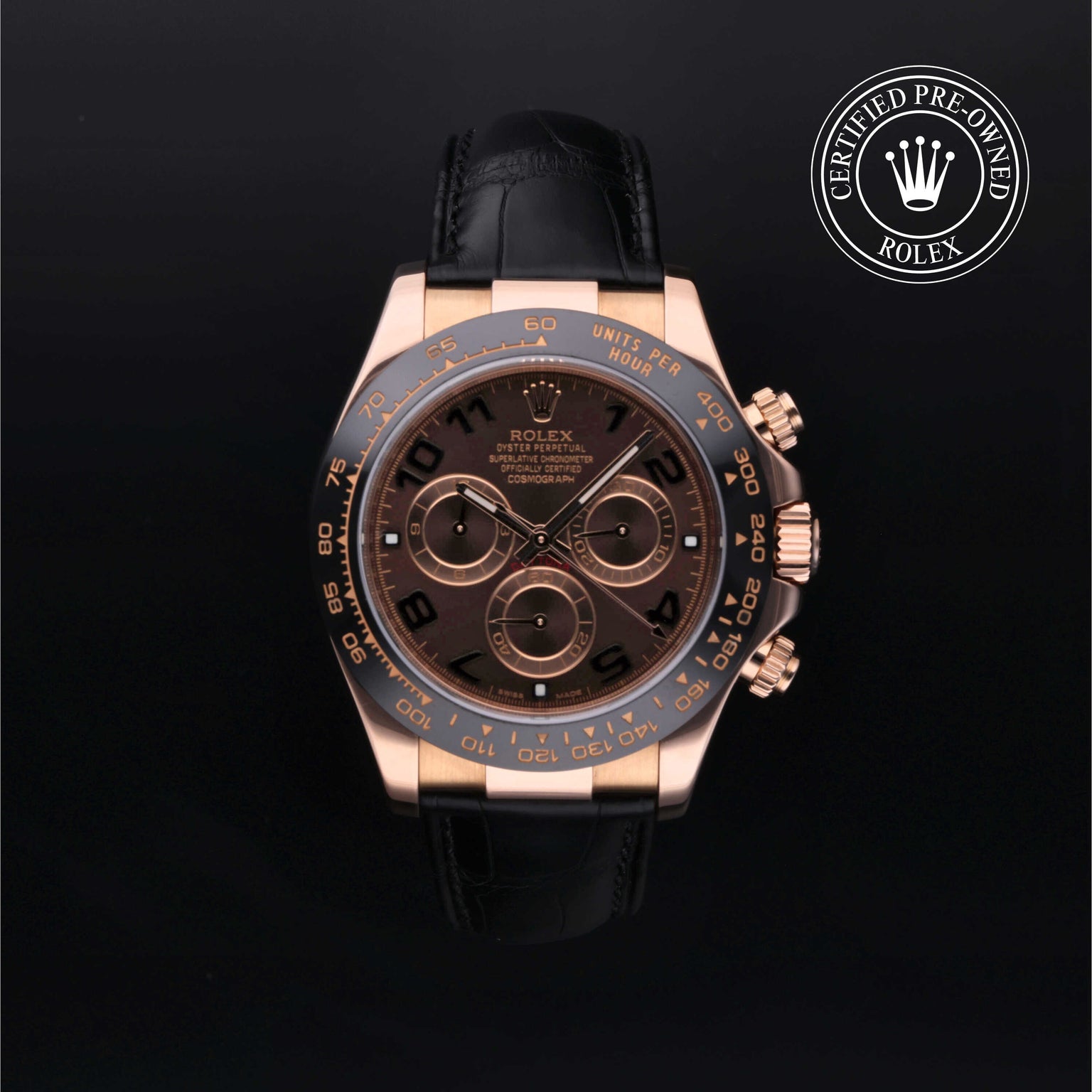Rolex Certified Pre-owned Daytona M116515LN-0004 front on black background