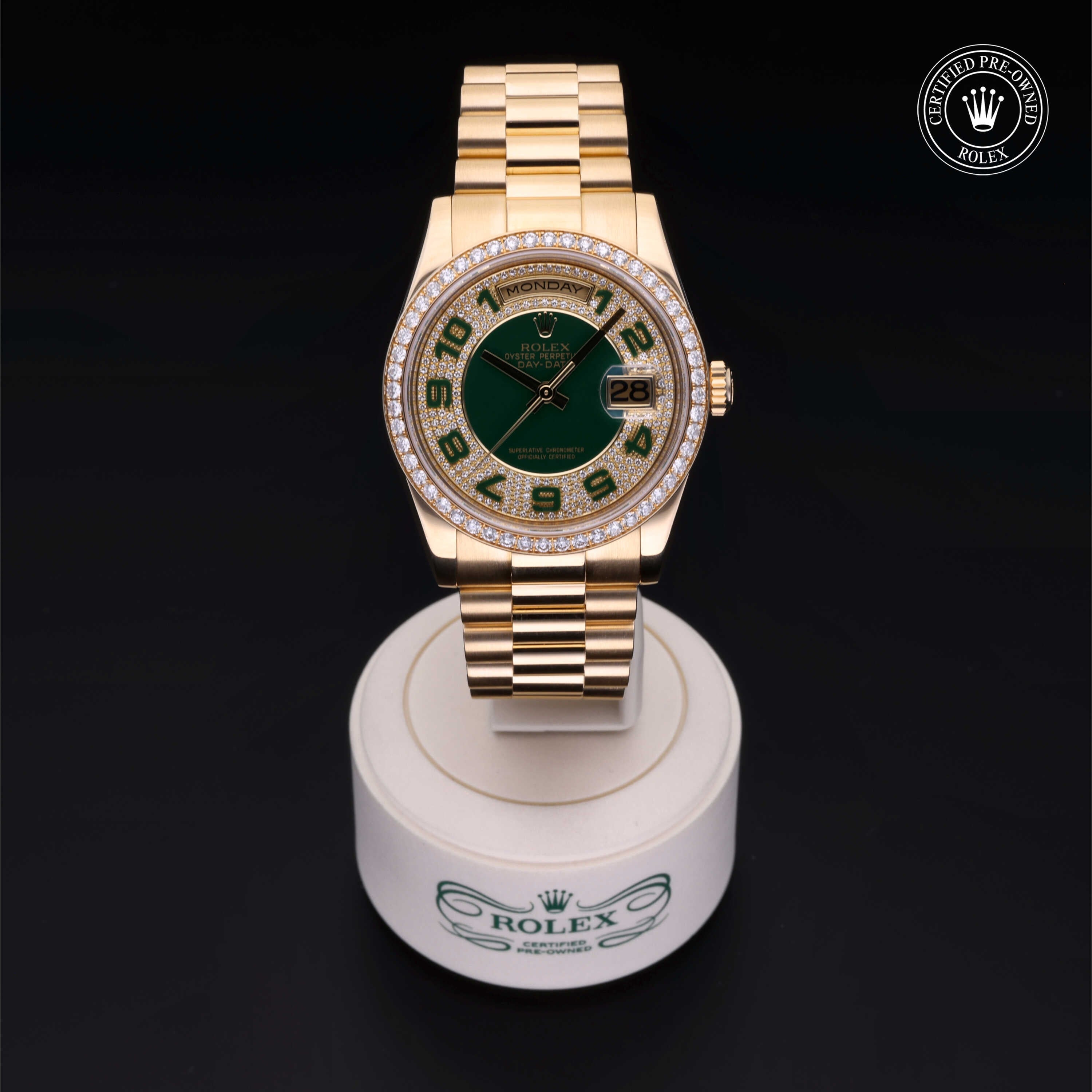 Rolex Certified Pre-owned Day-date M118348-0054 front on black background