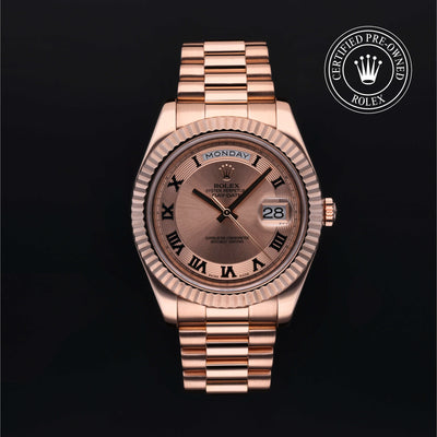 Rolex Certified Pre-owned Daydate Ii M218235-0001 front on black background