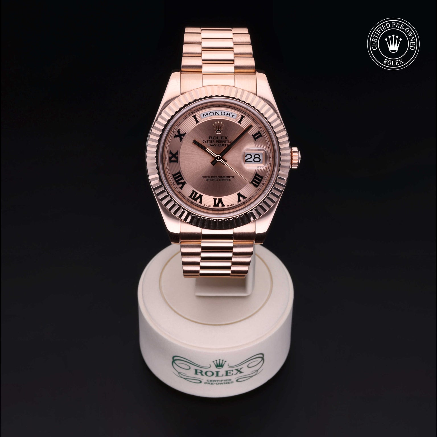 Rolex Certified Pre-owned Daydate Ii M218235-0001 front on black background