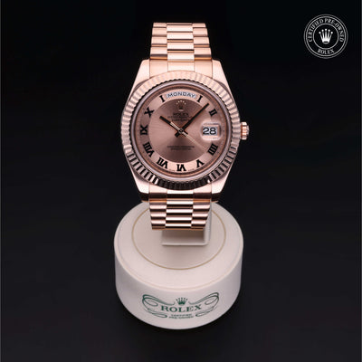 Rolex Certified Pre-owned Daydate Ii M218235-0001 front on black background