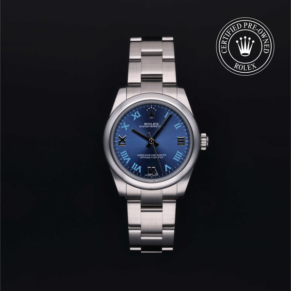 Rolex Certified Pre-owned Oyster Perpetual M177200-0015 front on black background
