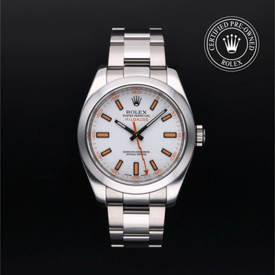 Rolex Certified Pre-owned Milgauss M116400-0002 front on black background