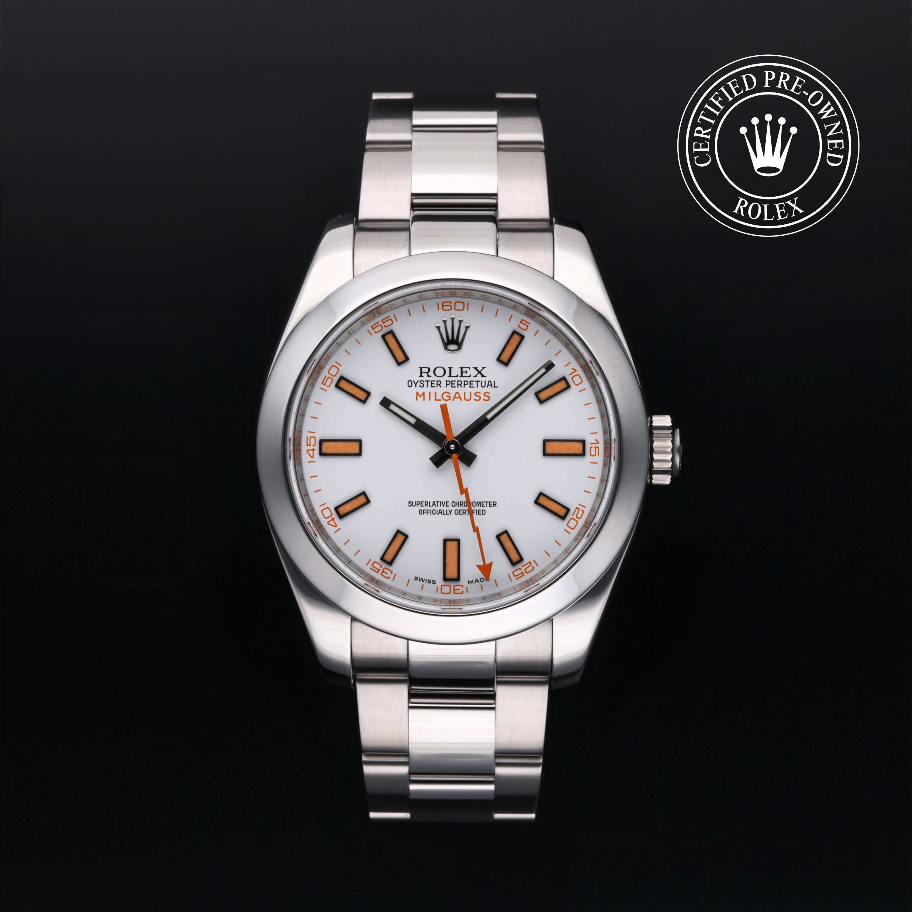 Rolex Certified Pre-owned Milgauss M116400-0002 front on black background
