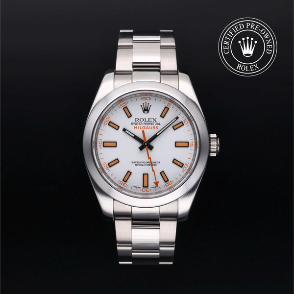 Rolex Certified Pre-owned Milgauss M116400-0002 front on black background