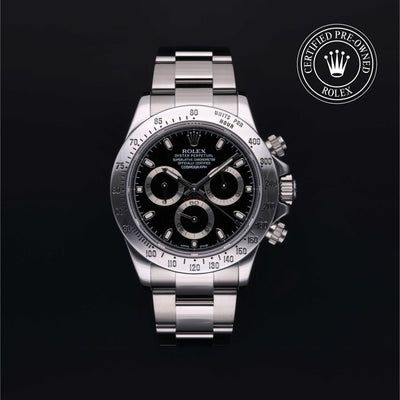 Rolex Certified Pre-owned Daytona M116520-0015 front on black background