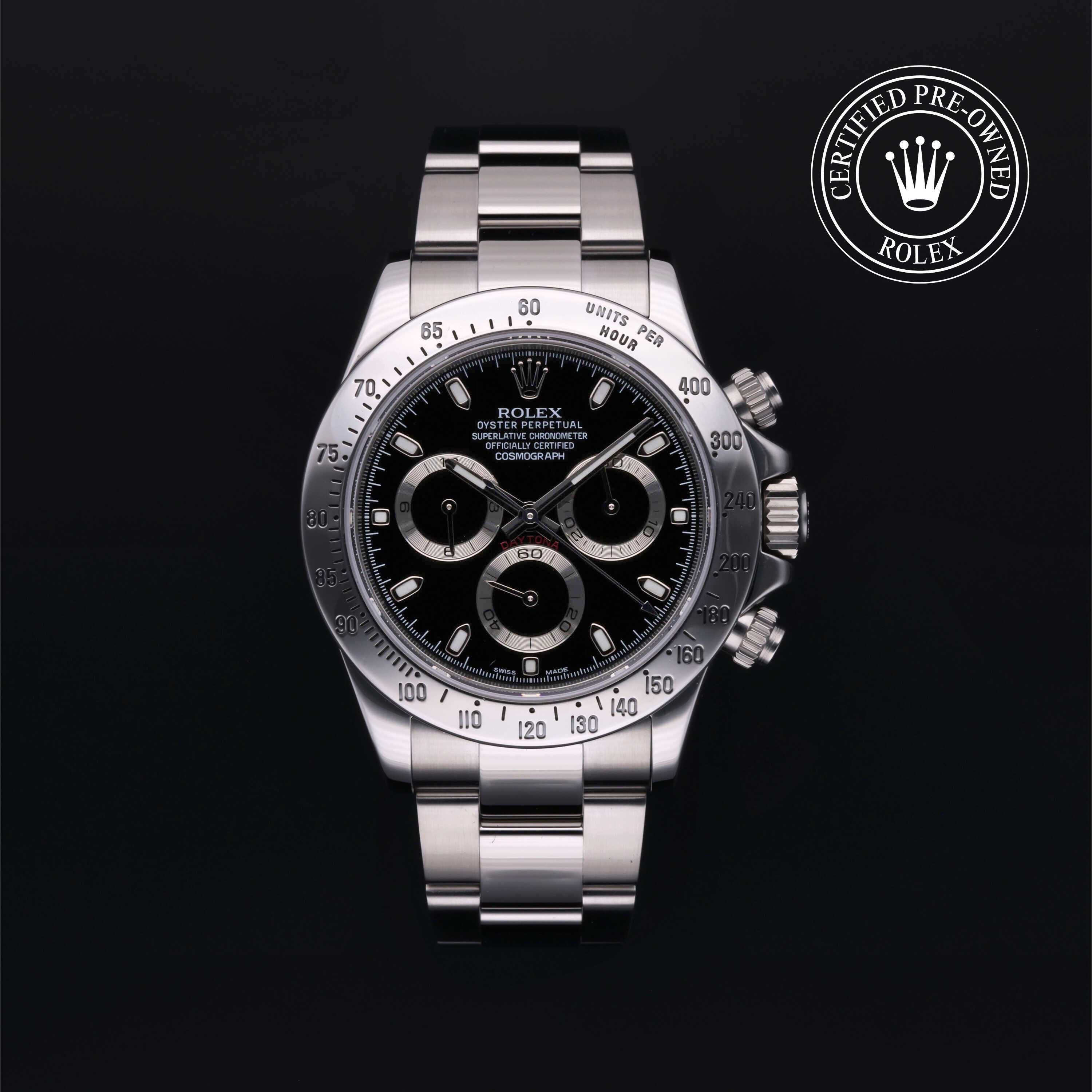 Rolex Certified Pre-owned Daytona M116520-0015 front on black background