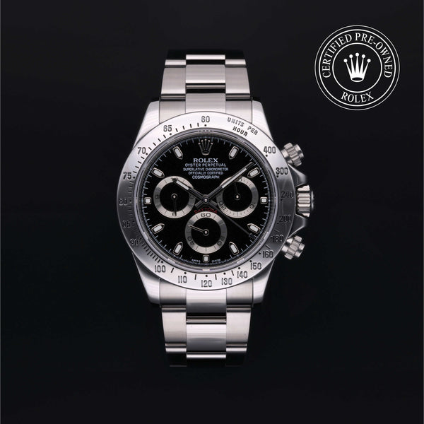 Rolex Certified Pre-owned Daytona M116520-0015 front on black background