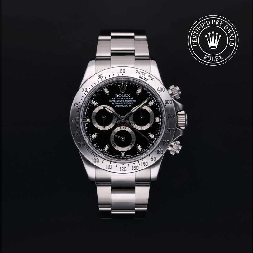 Rolex Certified Pre-owned Daytona M116520-0015 front on black background