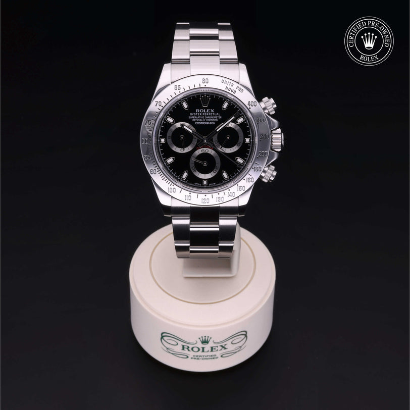 Rolex Certified Pre-owned Daytona M116520-0015 front on black background