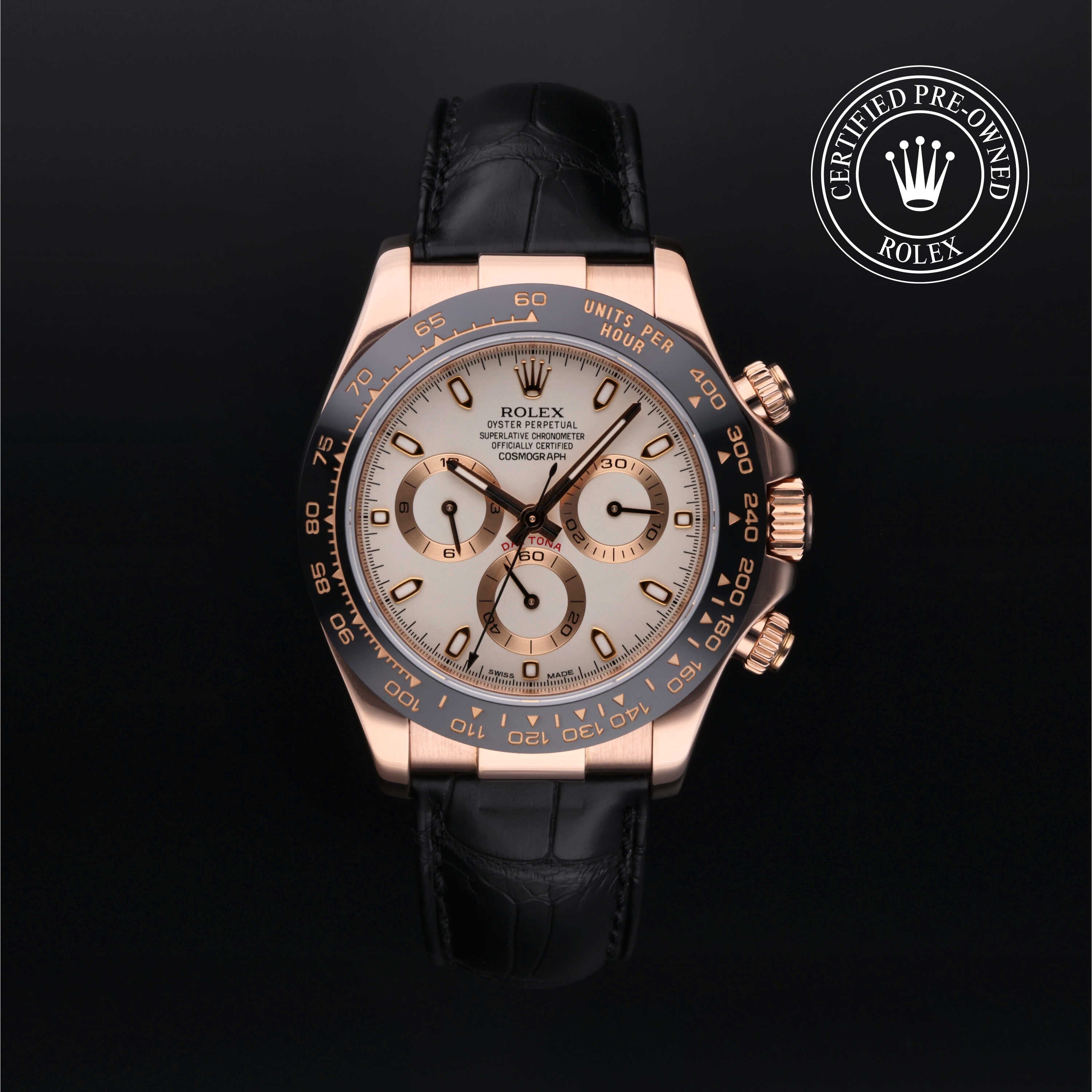 Rolex Certified Pre-owned Daytona M116515LN-0003 front on black background