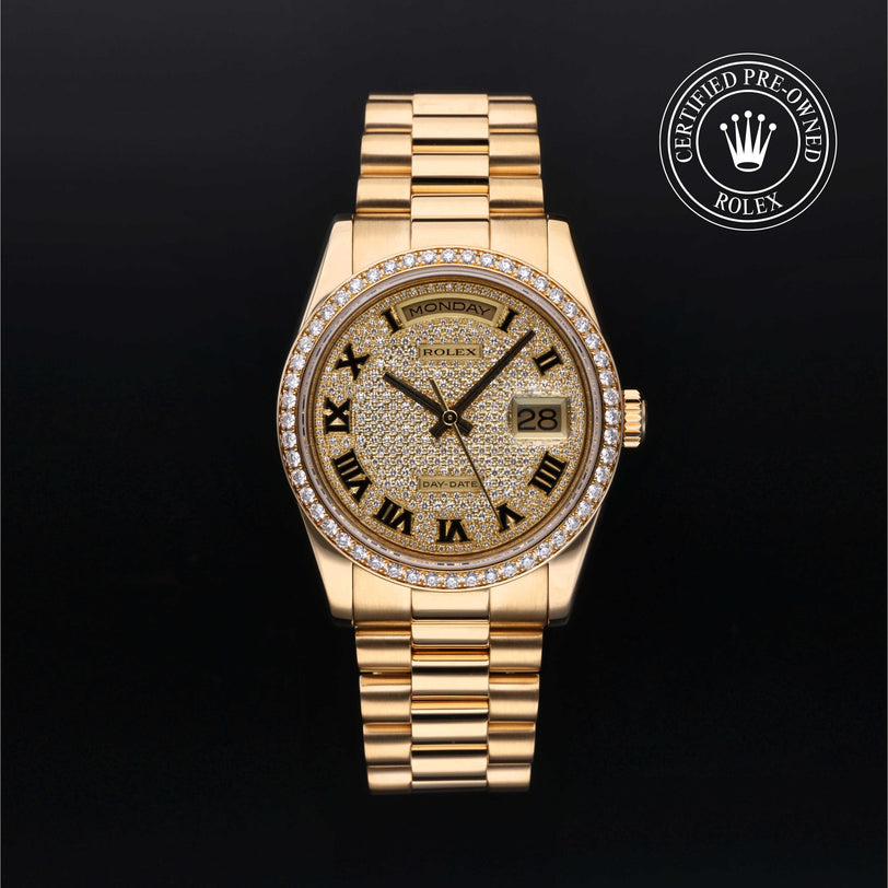 Rolex Certified Pre-owned Day-date M118348-0033 front on black background