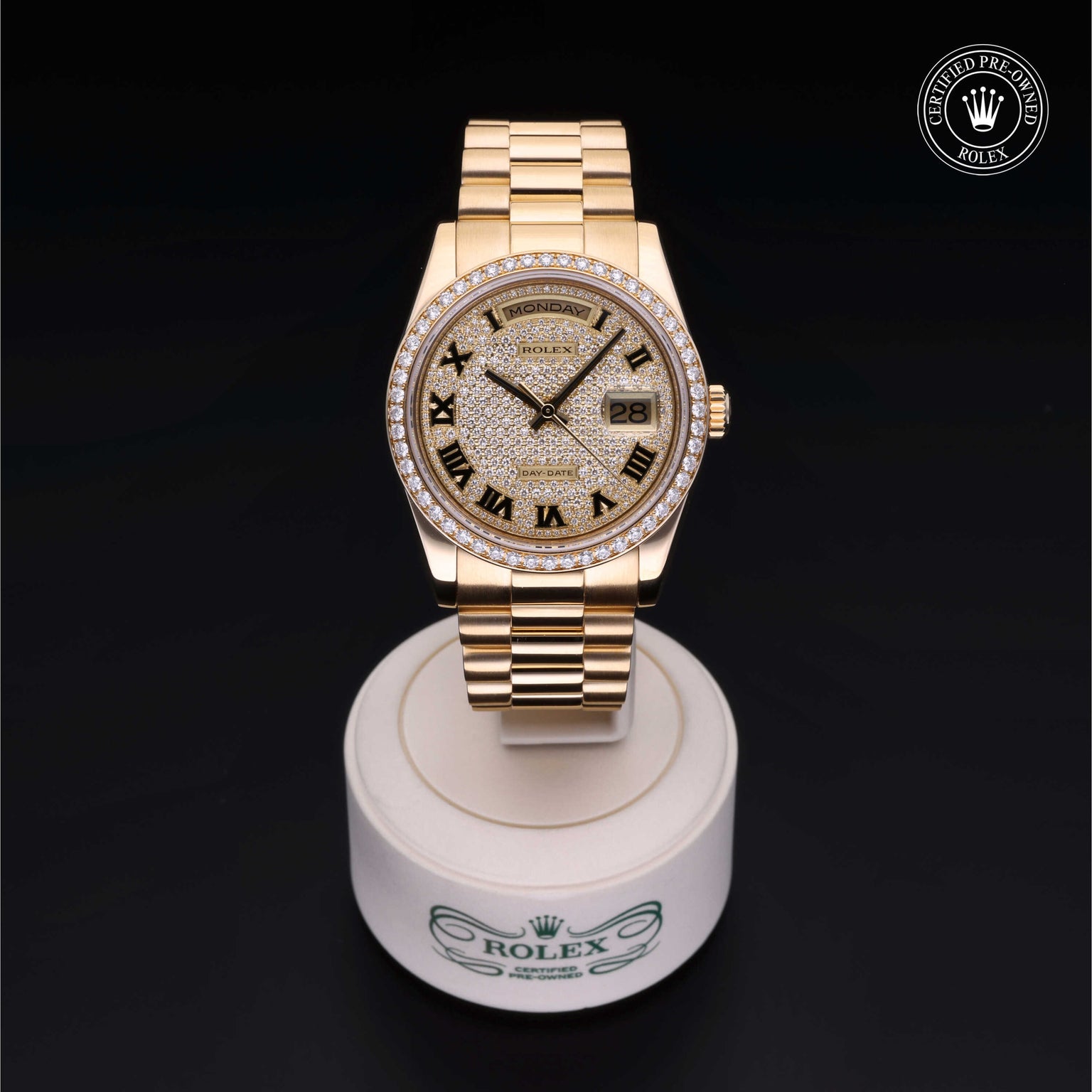 Rolex Certified Pre-owned Day-date M118348-0033 front on black background