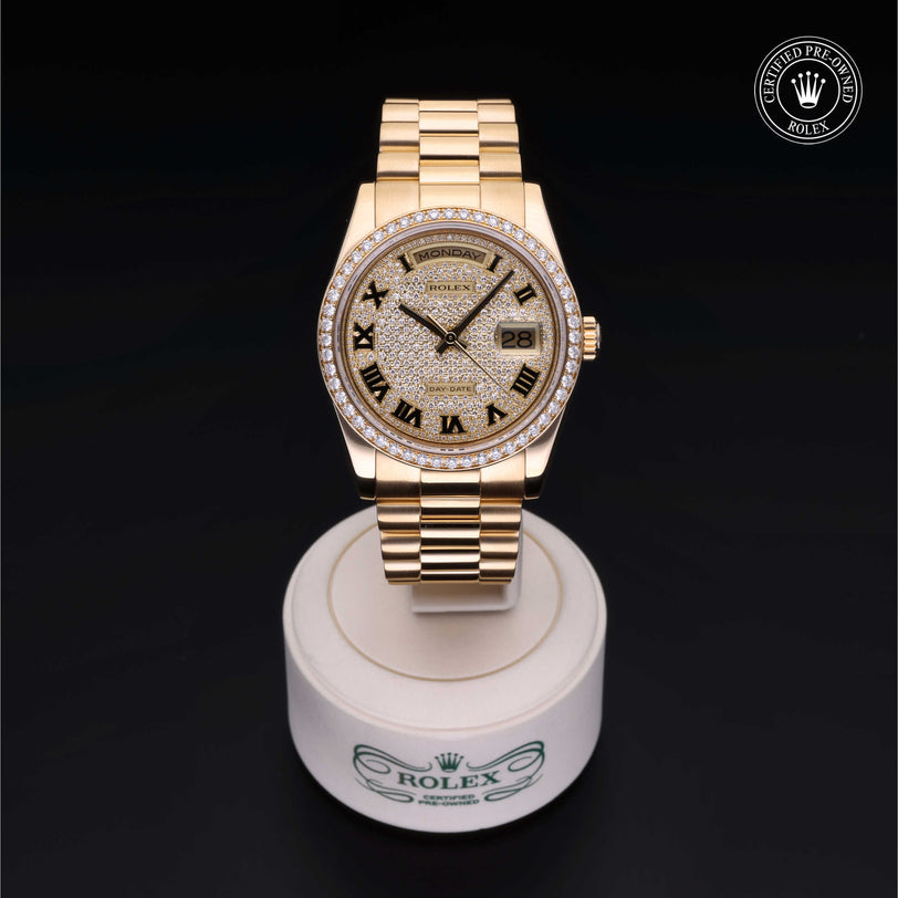 Rolex Certified Pre-owned Day-date M118348-0033 front on black background