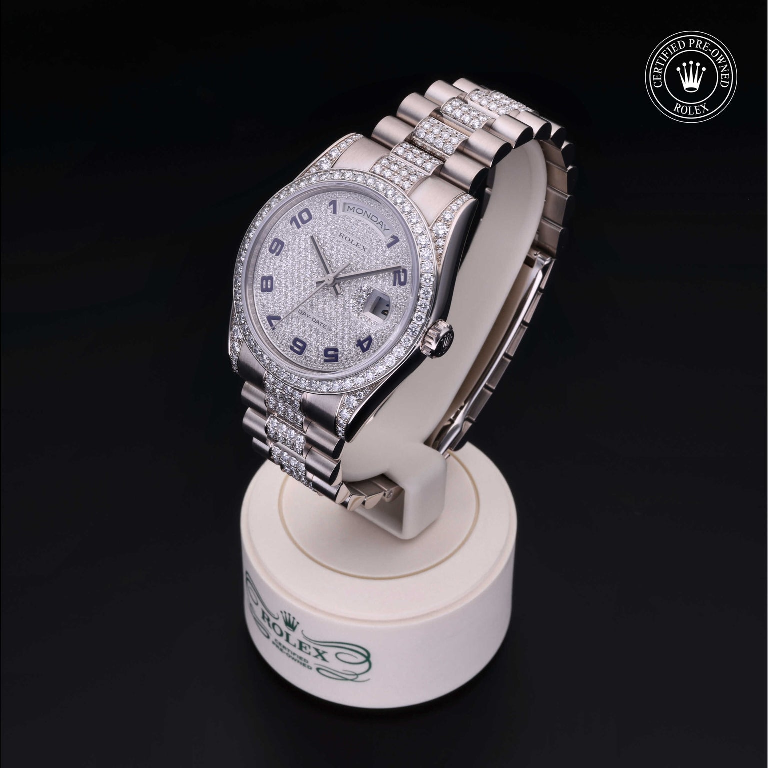 Rolex Certified Pre-owned Day-date M118389-0020 front on black background