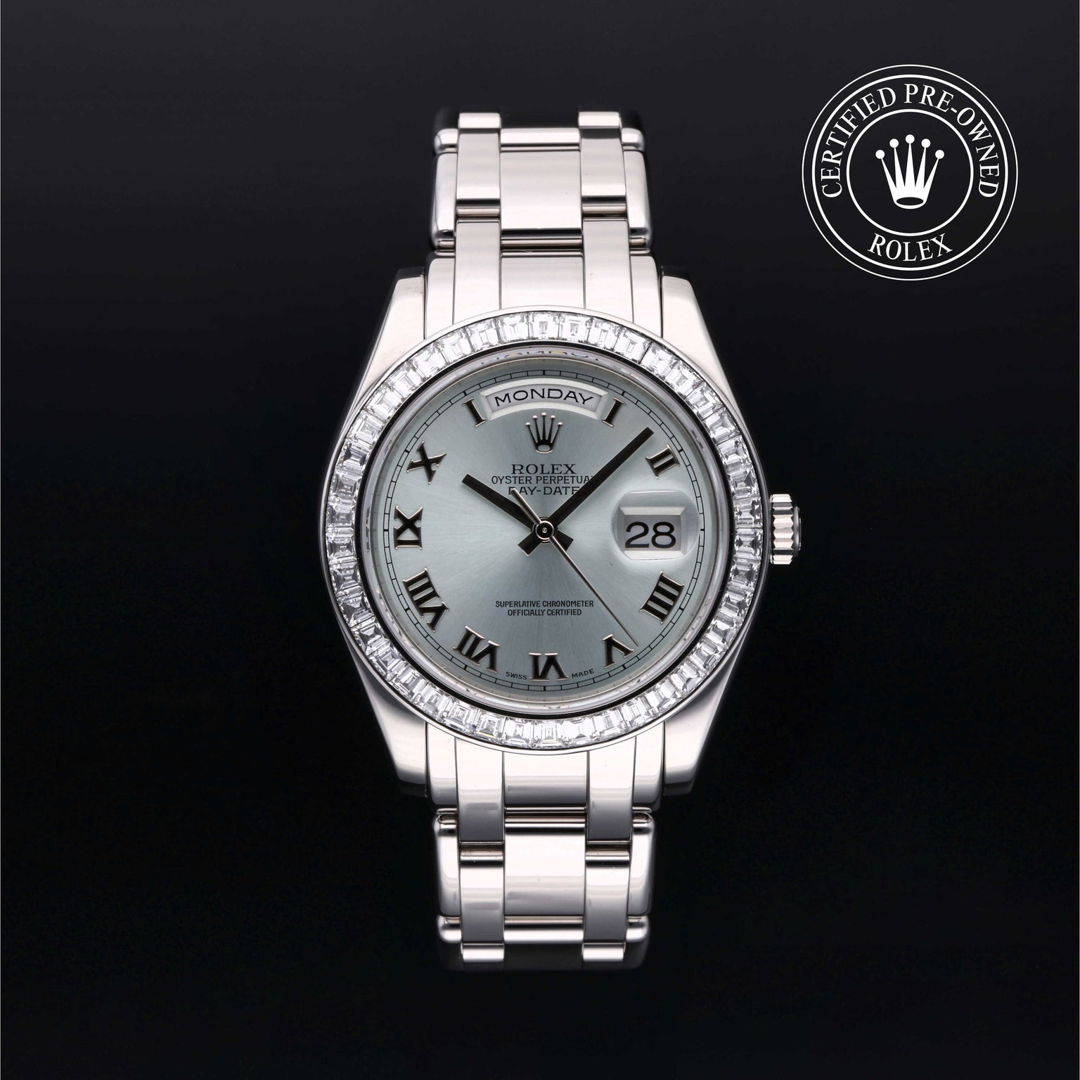 Rolex Certified Pre-owned Pearlmaster Day-Date M18956BR-0018 front on black background