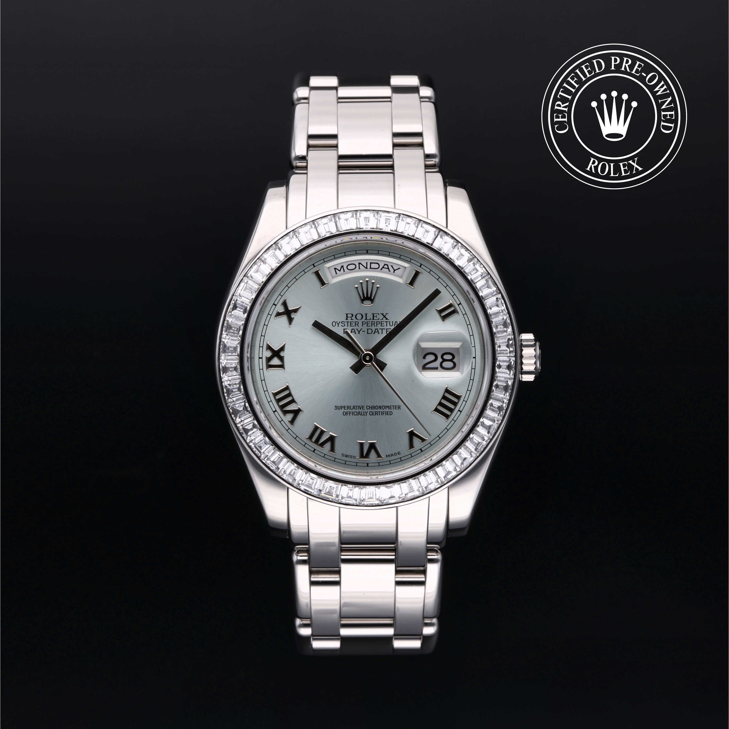 Rolex Certified Pre-owned Pearlmaster Day-Date M18956BR-0018 front on black background
