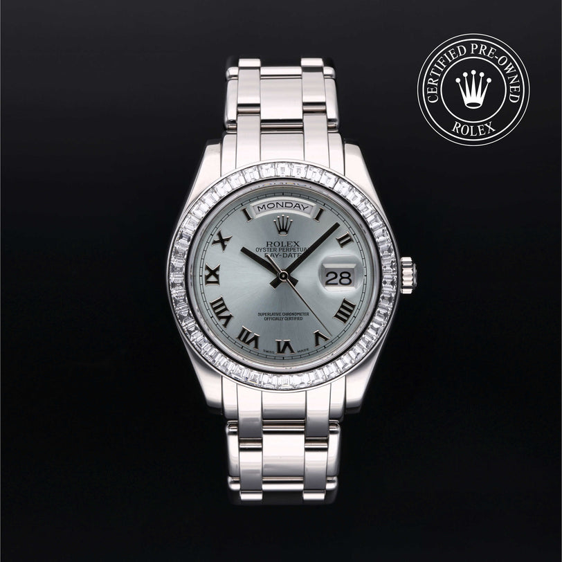 Rolex Certified Pre-owned Pearlmaster Day-Date M18956BR-0018 front on black background
