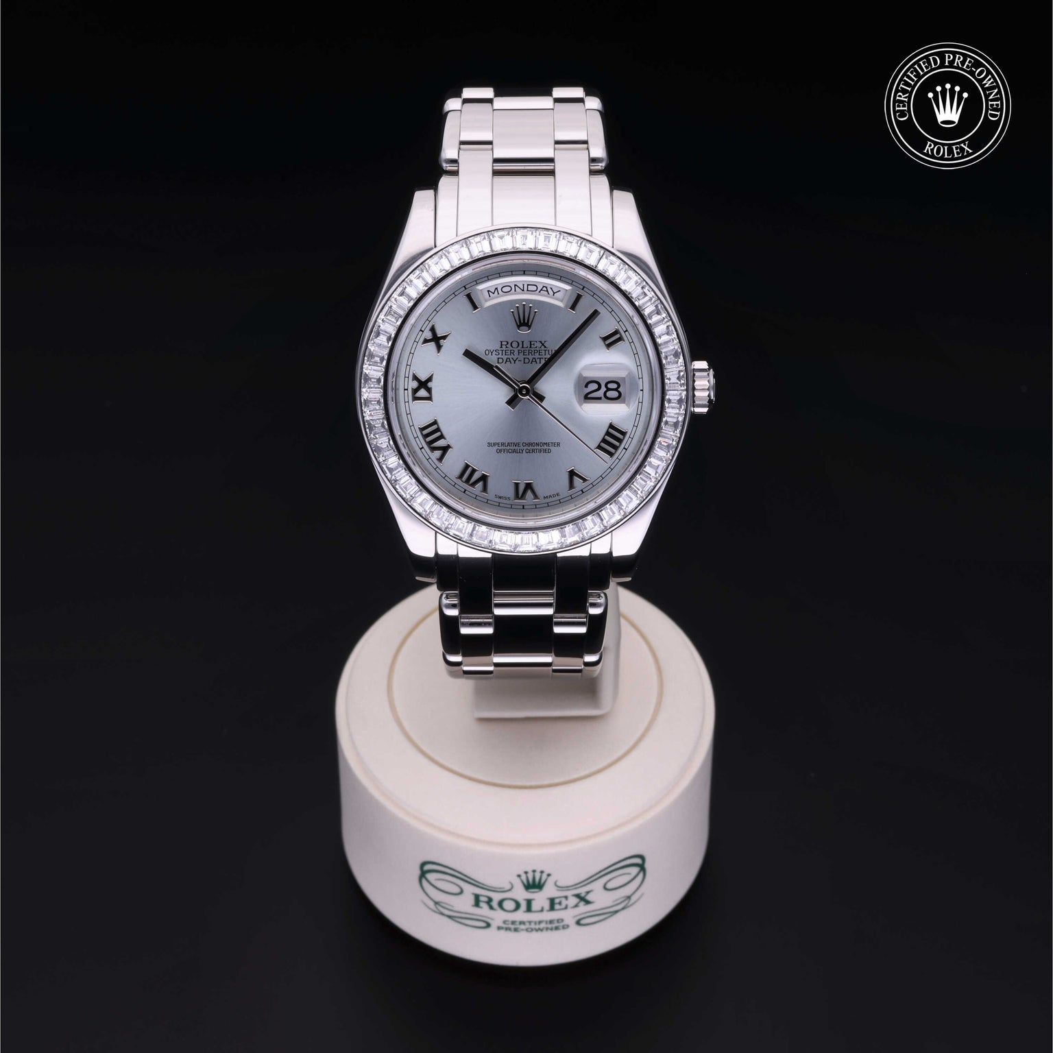 Rolex Certified Pre-owned Pearlmaster Day-Date M18956BR-0018 front on black background