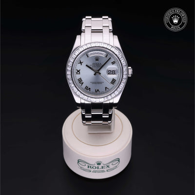Rolex Certified Pre-owned Pearlmaster Day-Date M18956BR-0018 front on black background