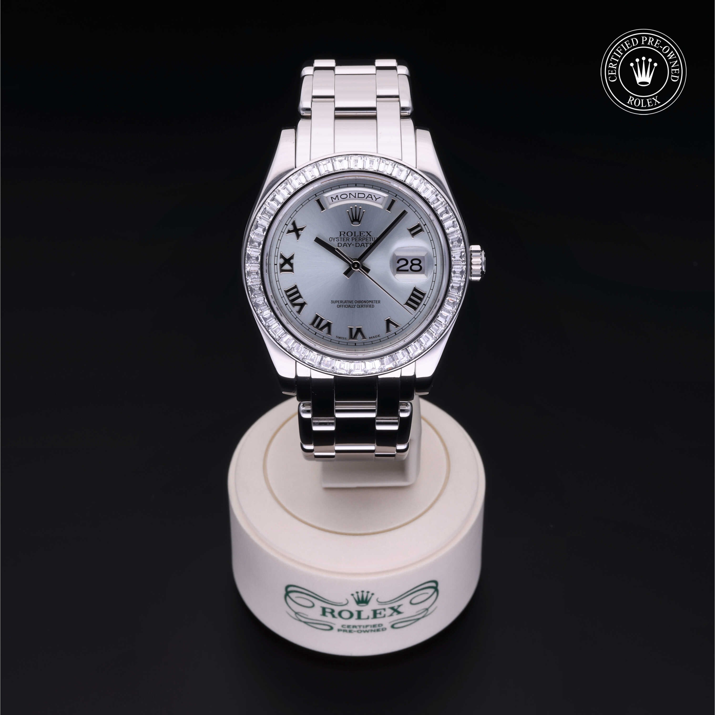 Rolex Certified Pre-owned Pearlmaster Day-Date M18956BR-0018 front on black background