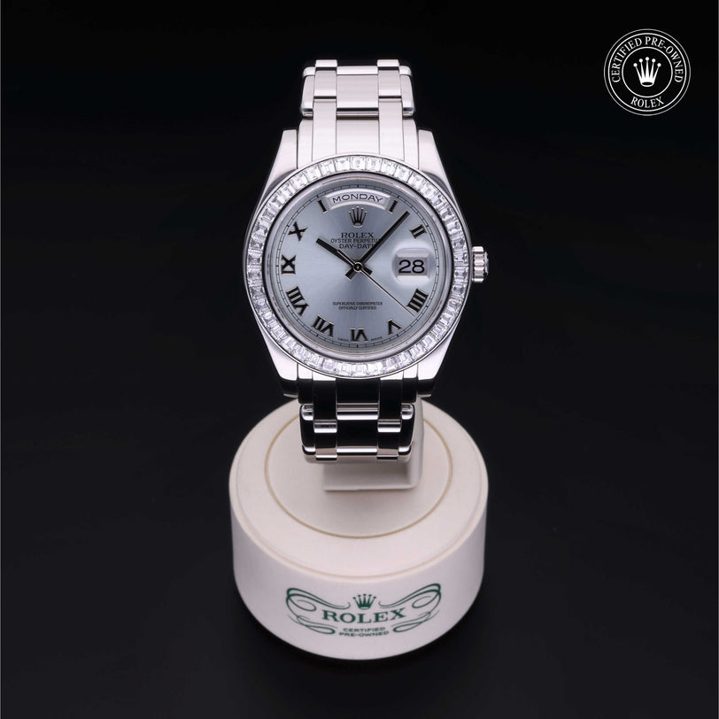 Rolex Certified Pre-owned Pearlmaster Day-Date M18956BR-0018 front on black background