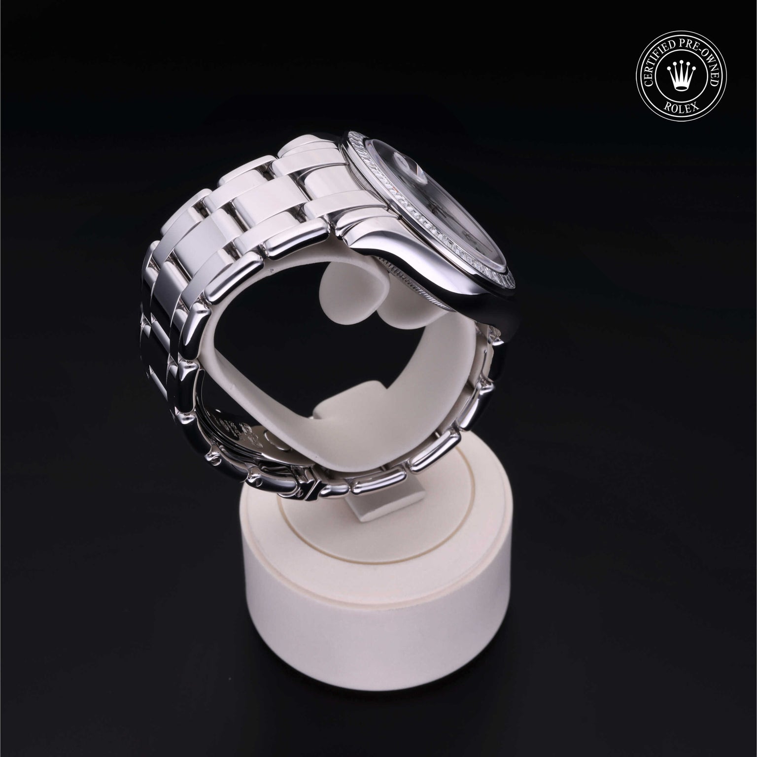 Rolex Certified Pre-owned Pearlmaster Day-Date M18956BR-0018 front on black background