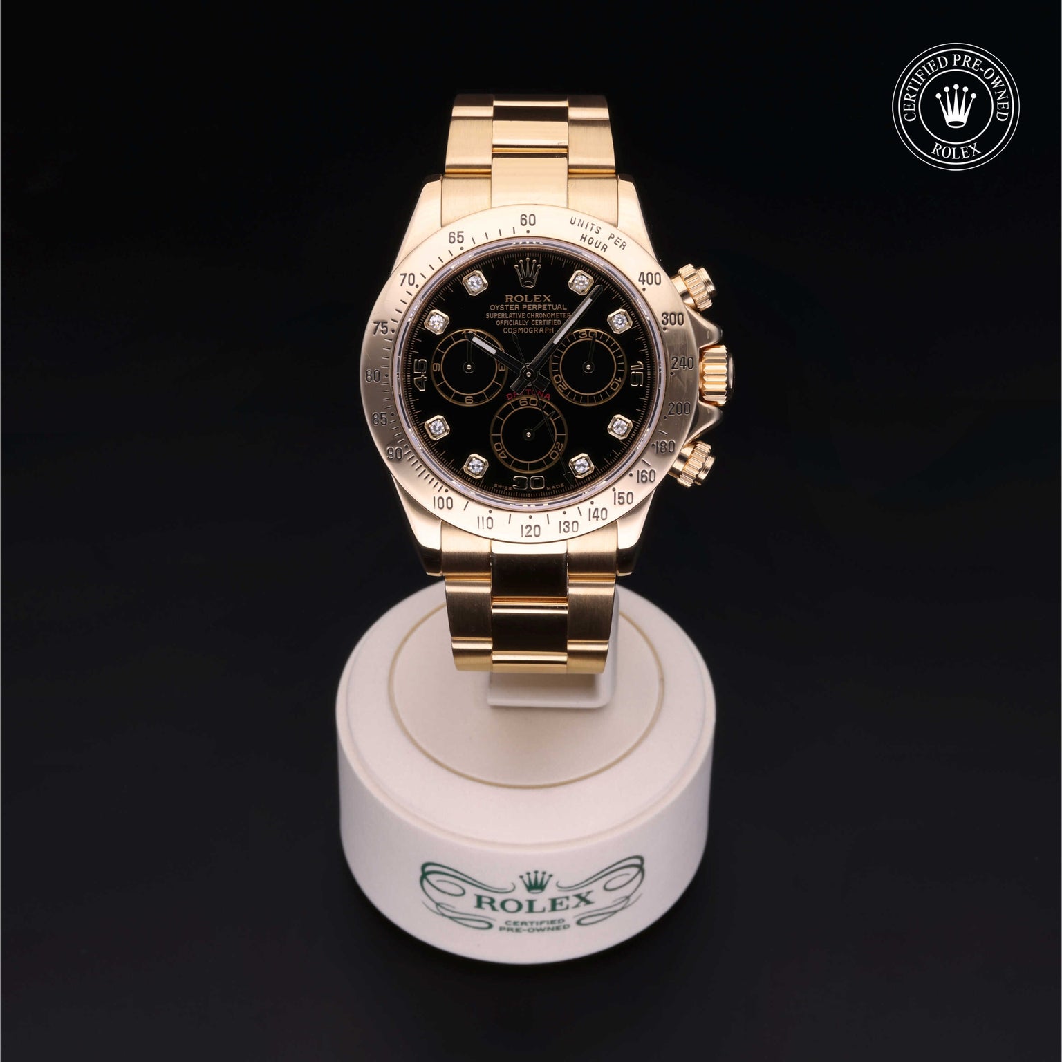 Rolex Certified Pre-owned Daytona M116528-0024 front on black background