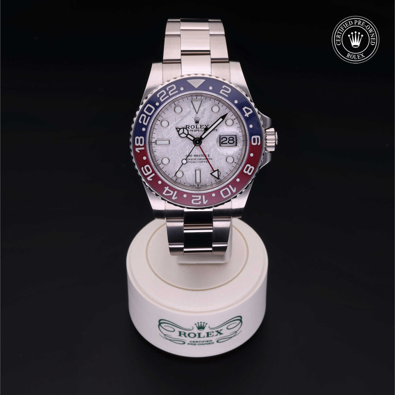 Rolex Certified Pre-owned GMT II M126719BLRO-0002 front on black background