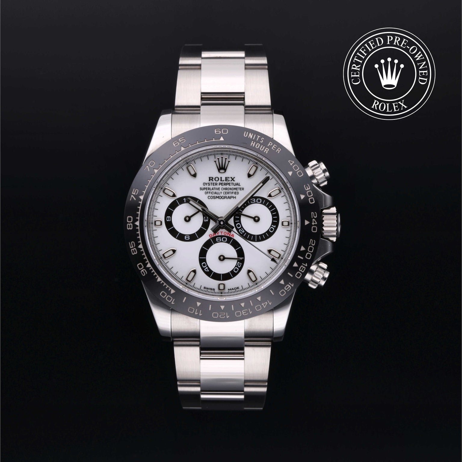 Rolex Certified Pre-owned Daytona M116500LN-0001 front on black background
