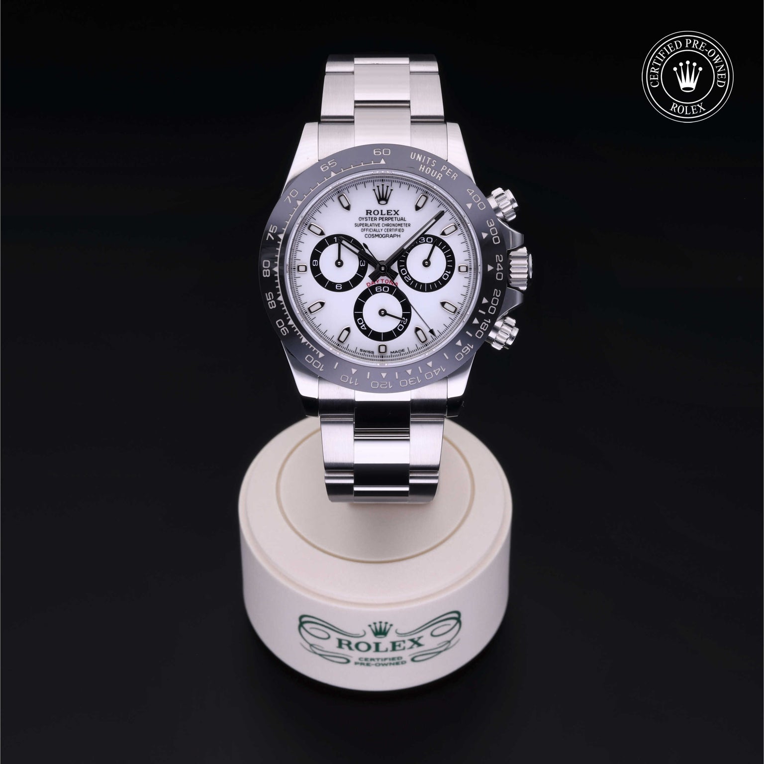 Rolex Certified Pre-owned Daytona M116500LN-0001 front on black background