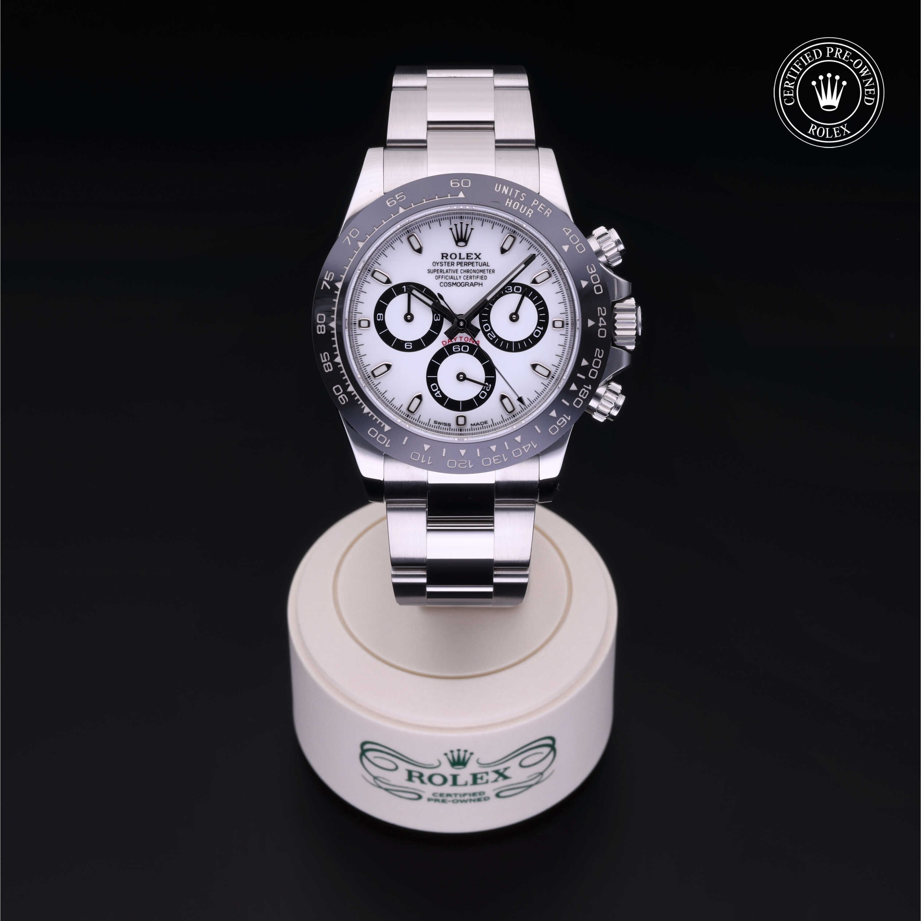 Rolex Certified Pre-owned Daytona M116500LN-0001 front on black background