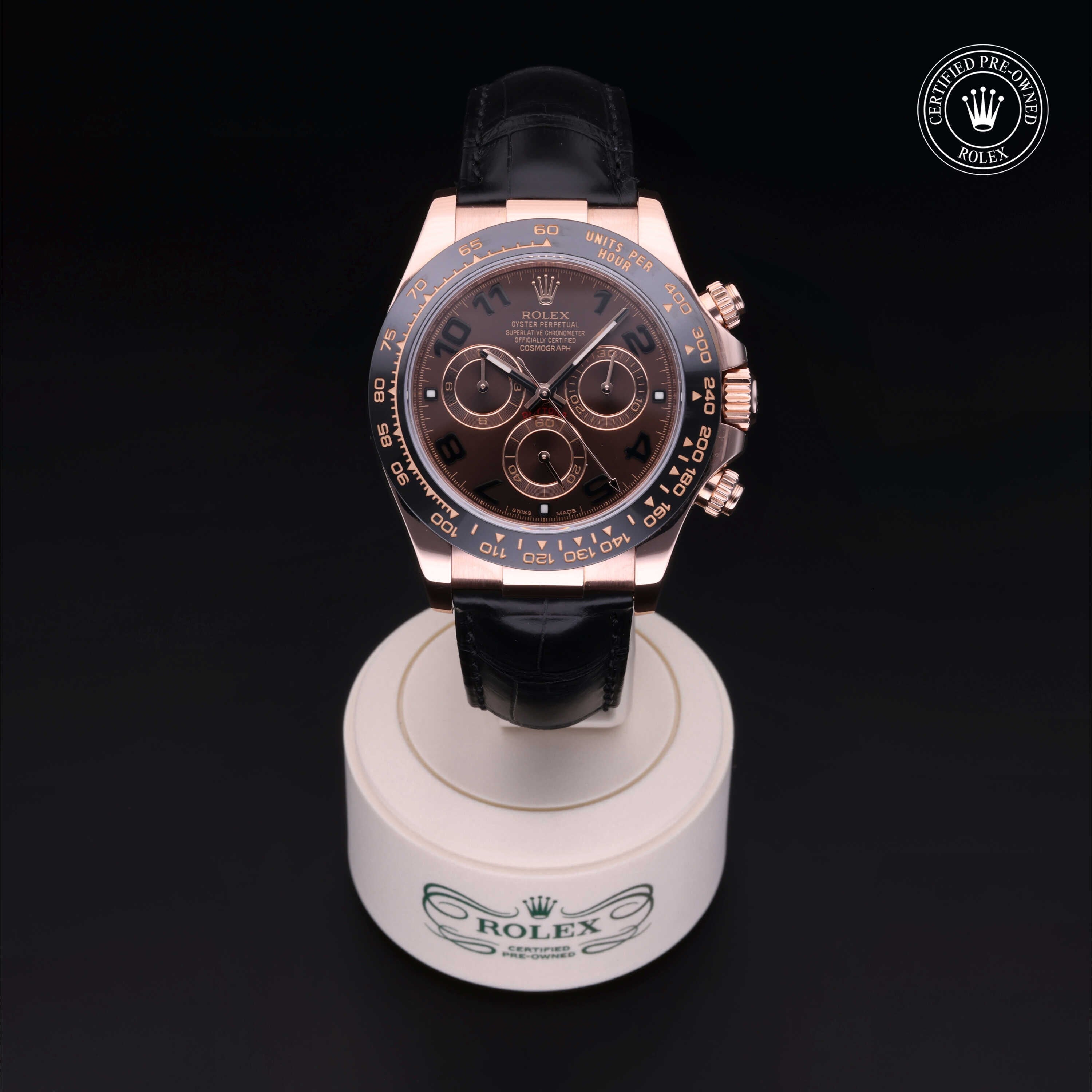 Rolex Certified Pre-owned Daytona M116515LN-0004 front on black background