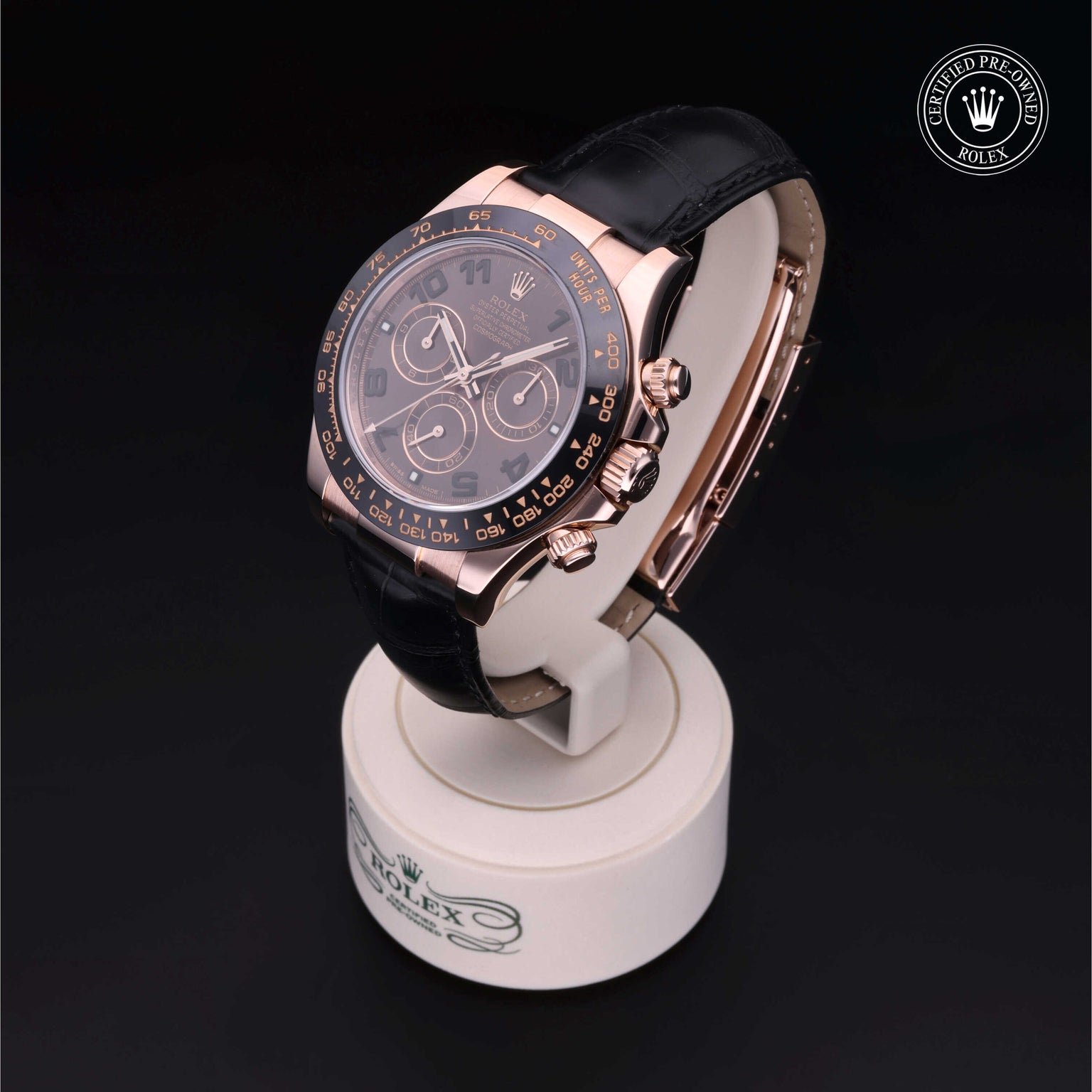 Rolex Certified Pre-owned Daytona M116515LN-0004 front on black background