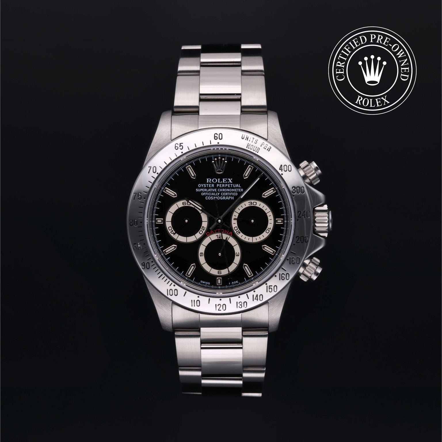 Rolex Certified Pre-owned Daytona M16520-0002 front on black background