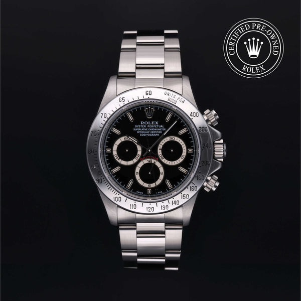Rolex Certified Pre-owned Daytona M16520-0002 front on black background