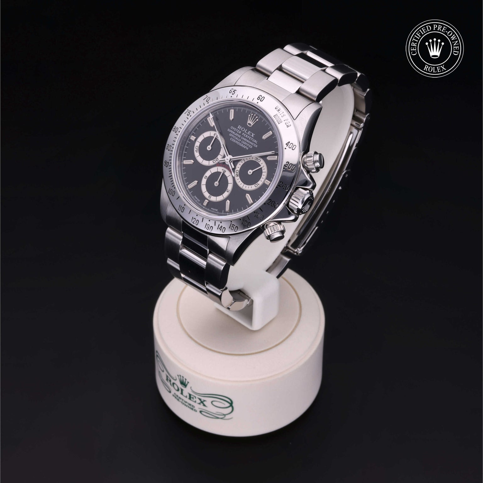 Rolex Certified Pre-owned Daytona M16520-0002 front on black background