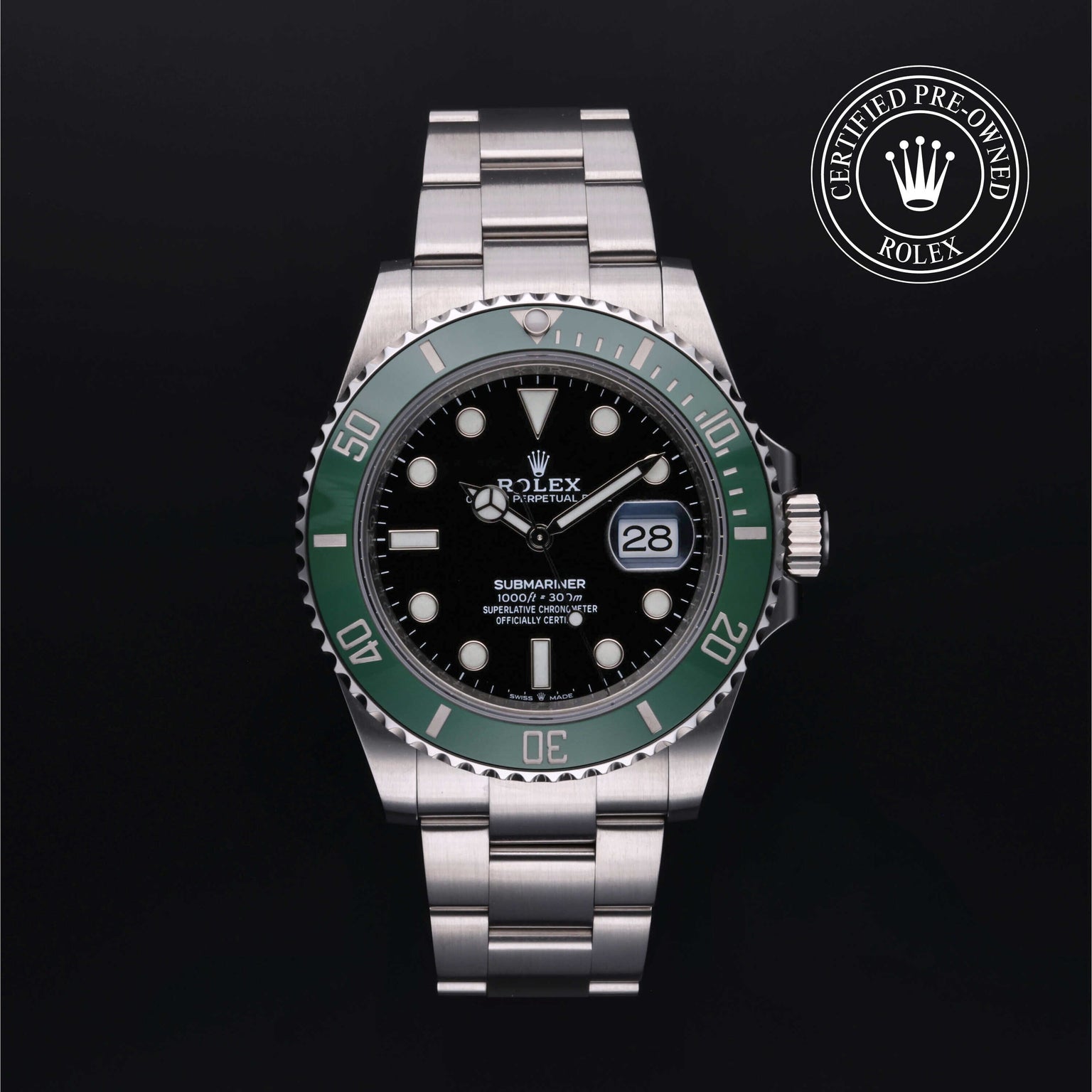 Rolex Certified Pre-owned Submariner M126610LV-0002 front on black background