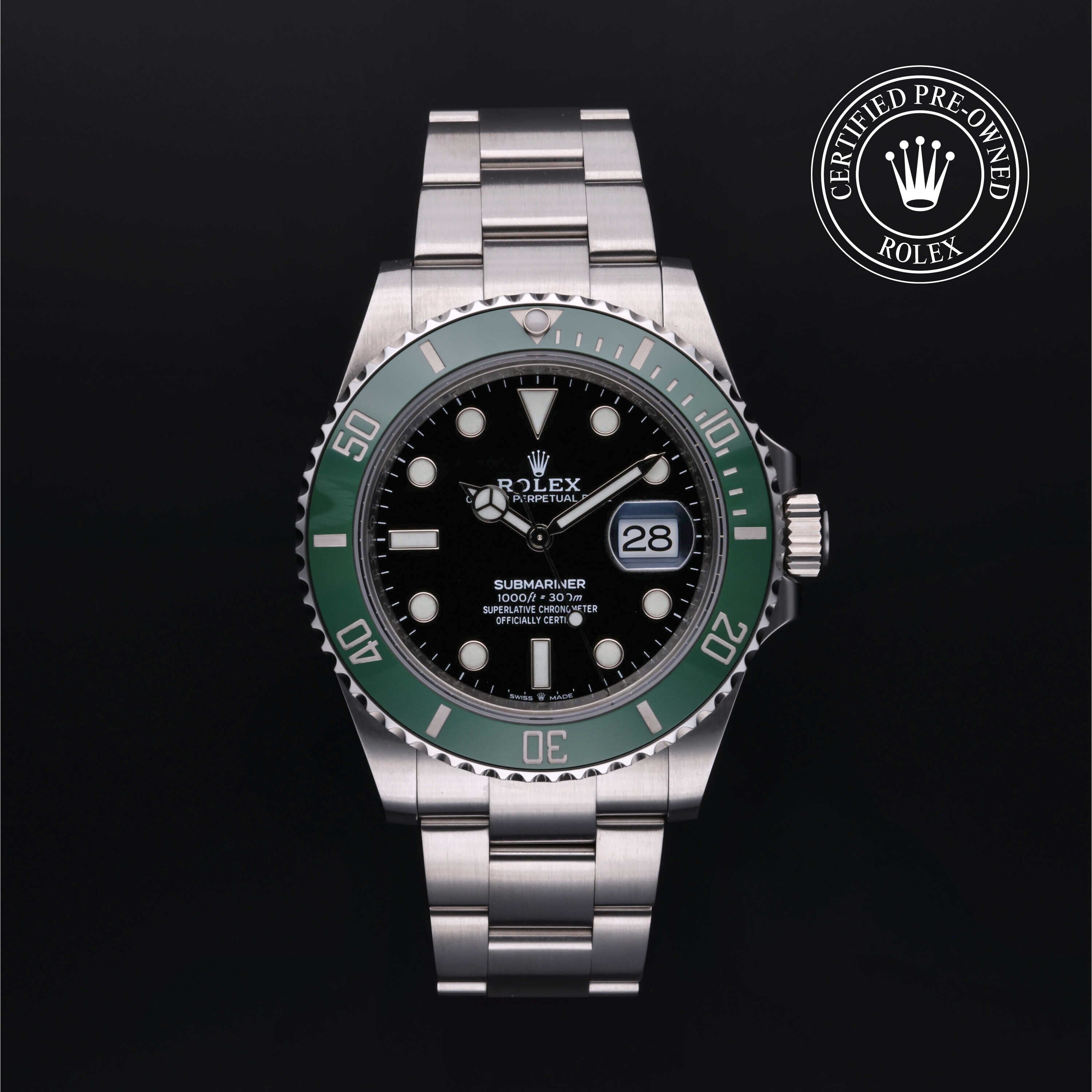 Rolex Certified Pre-owned Submariner M126610LV-0002 front on black background