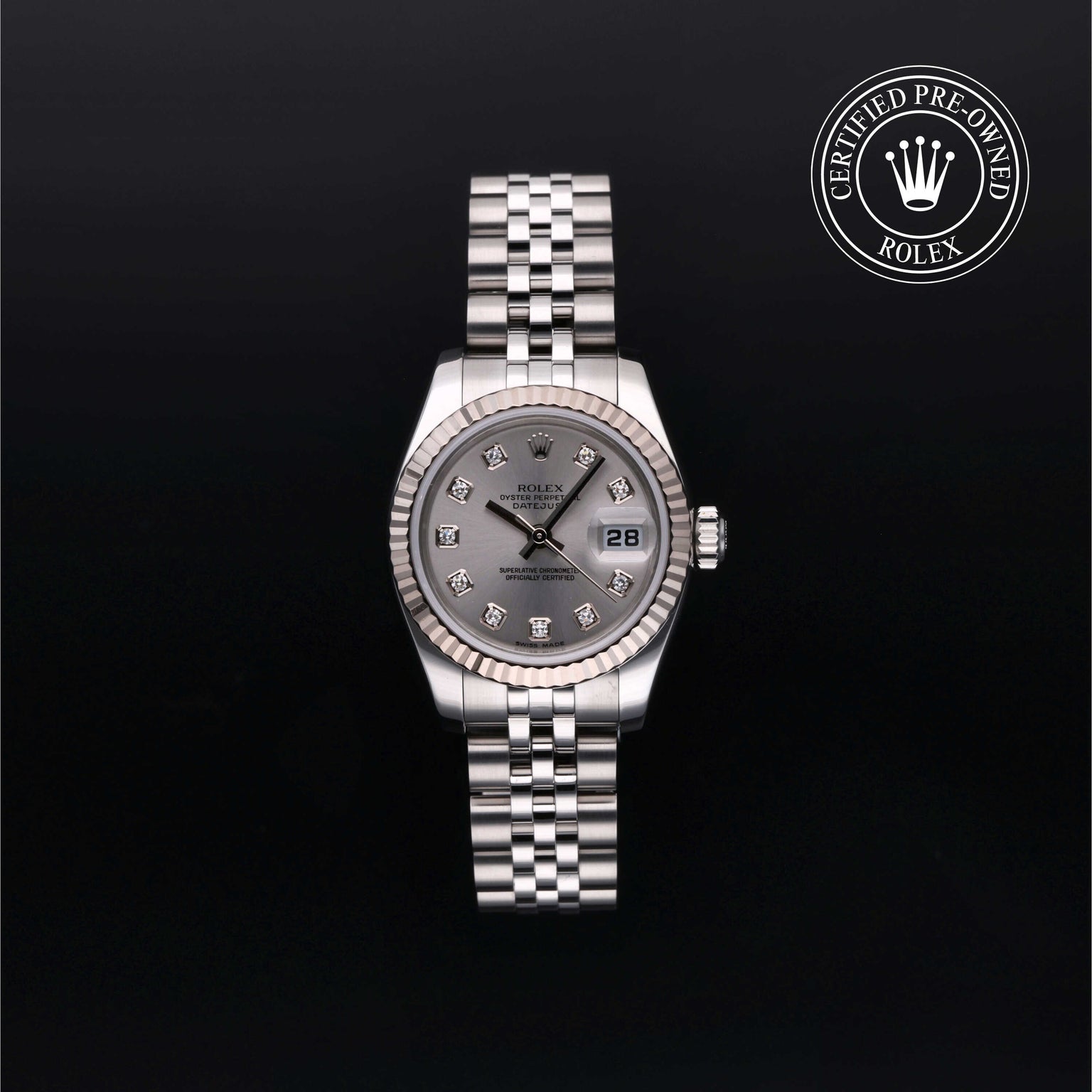 Rolex Certified Pre-owned Lady Datejust M179174-0030 front on black background