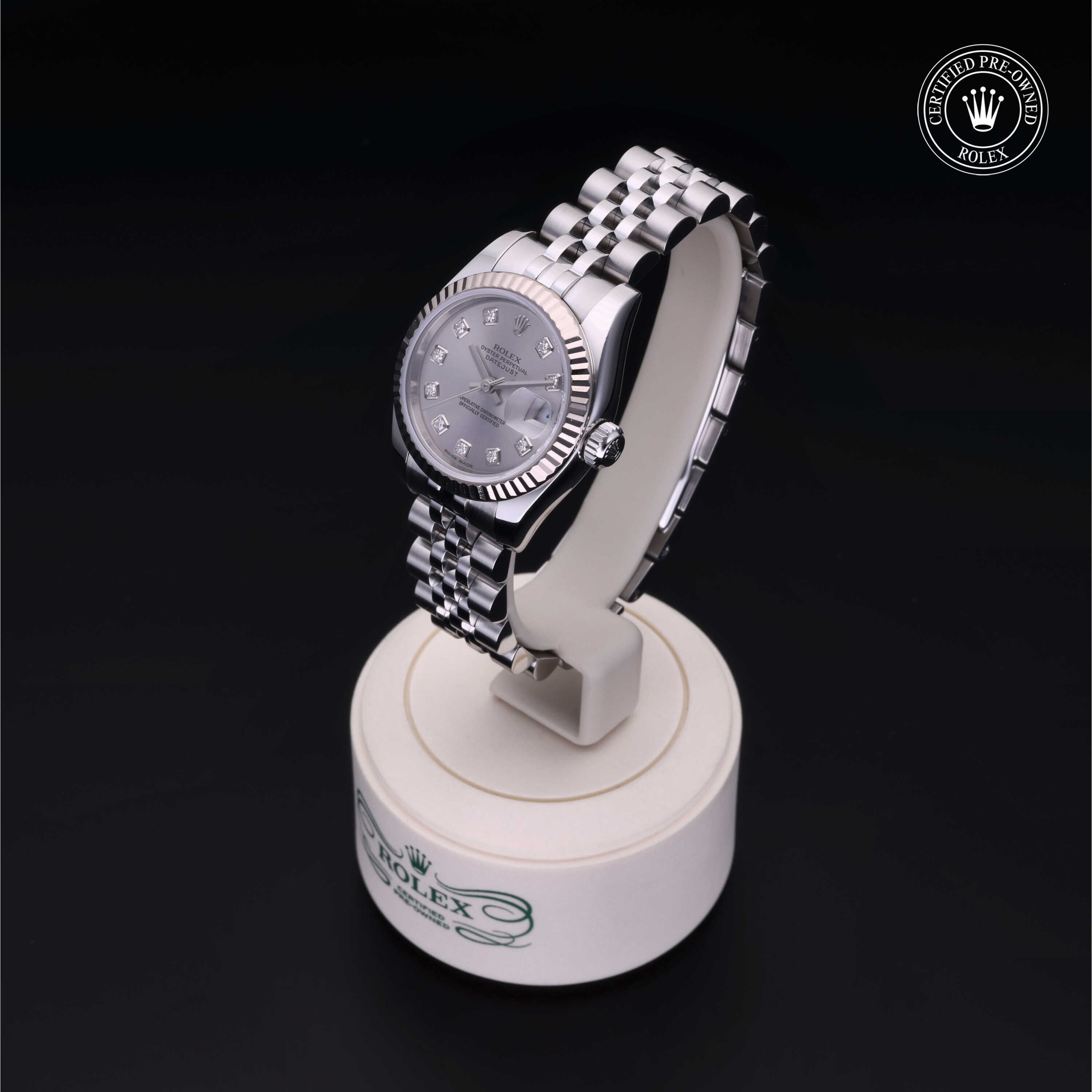 Rolex Certified Pre-owned Lady Datejust M179174-0030 front on black background