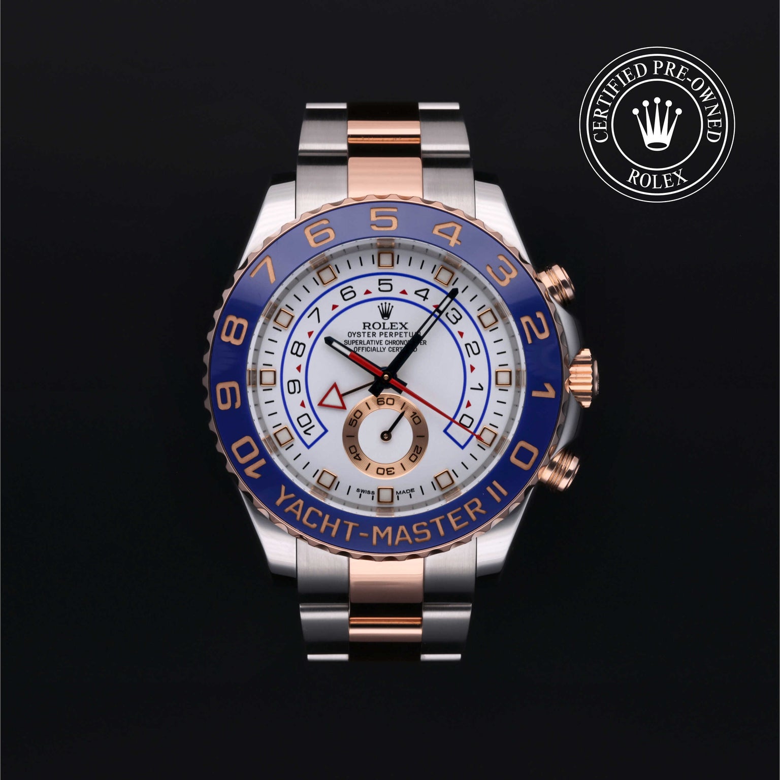 Rolex Certified Pre-owned Yacht-Master II M116681-0001 front on black background