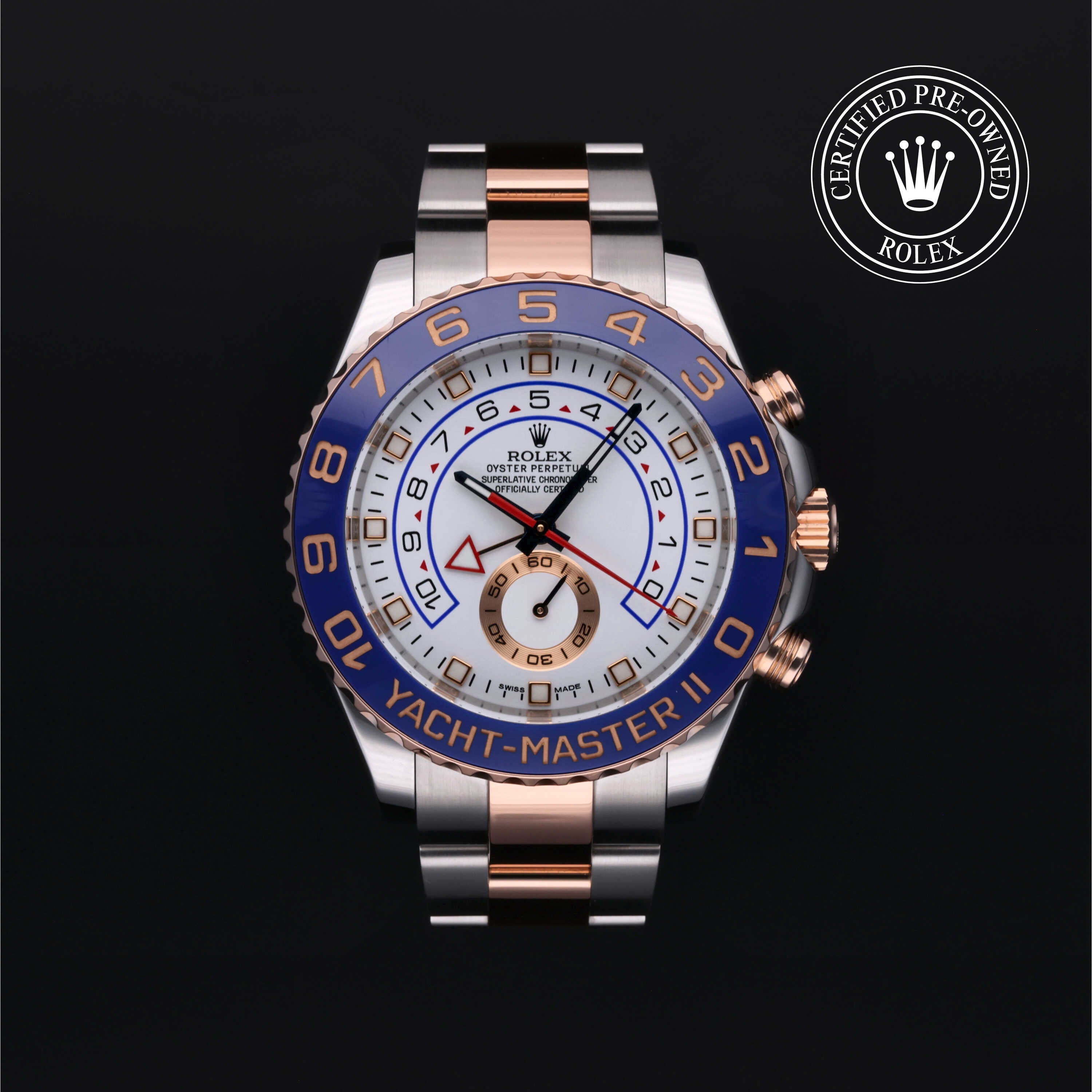 Rolex Certified Pre-owned Yacht-Master II M116681-0001 front on black background