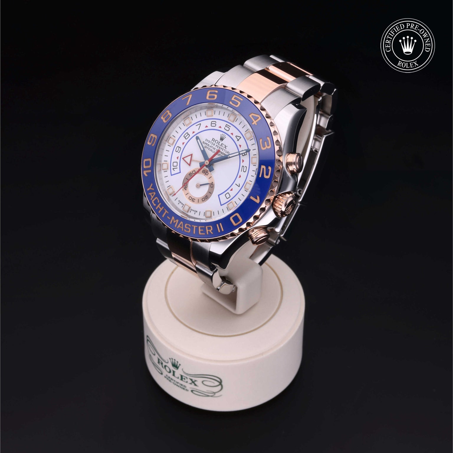 Rolex Certified Pre-owned Yacht-Master II M116681-0001 front on black background