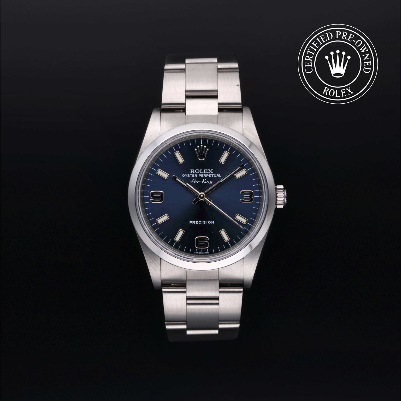 Rolex Certified Pre-owned Air-King M14000M-0010 front on black background