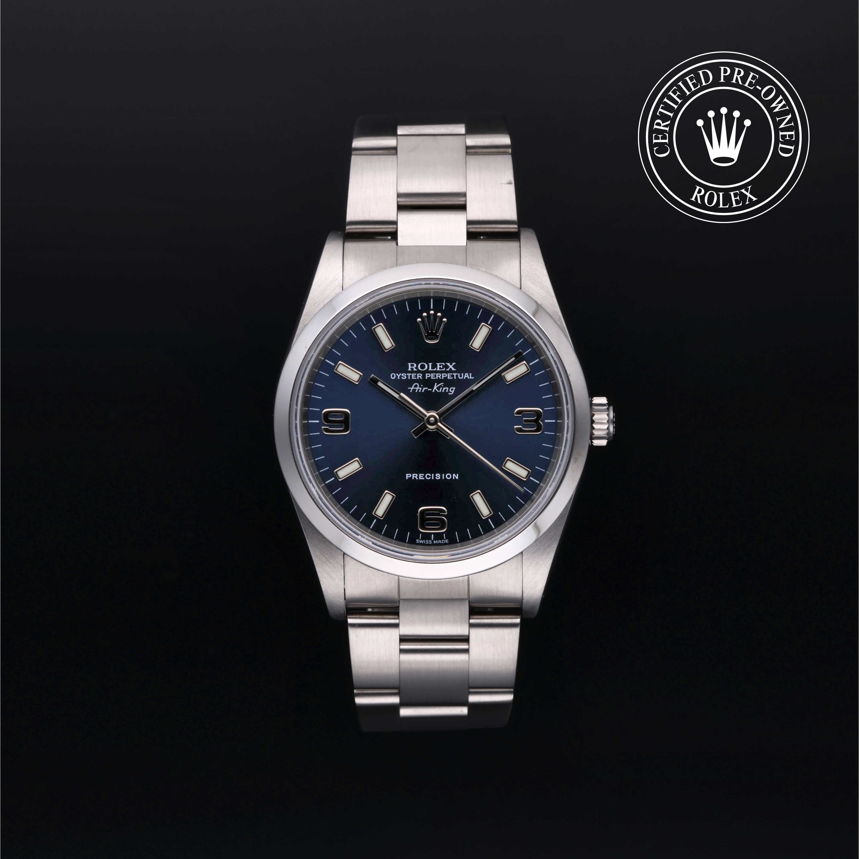 Rolex Certified Pre-owned Air-King M14000M-0010 front on black background