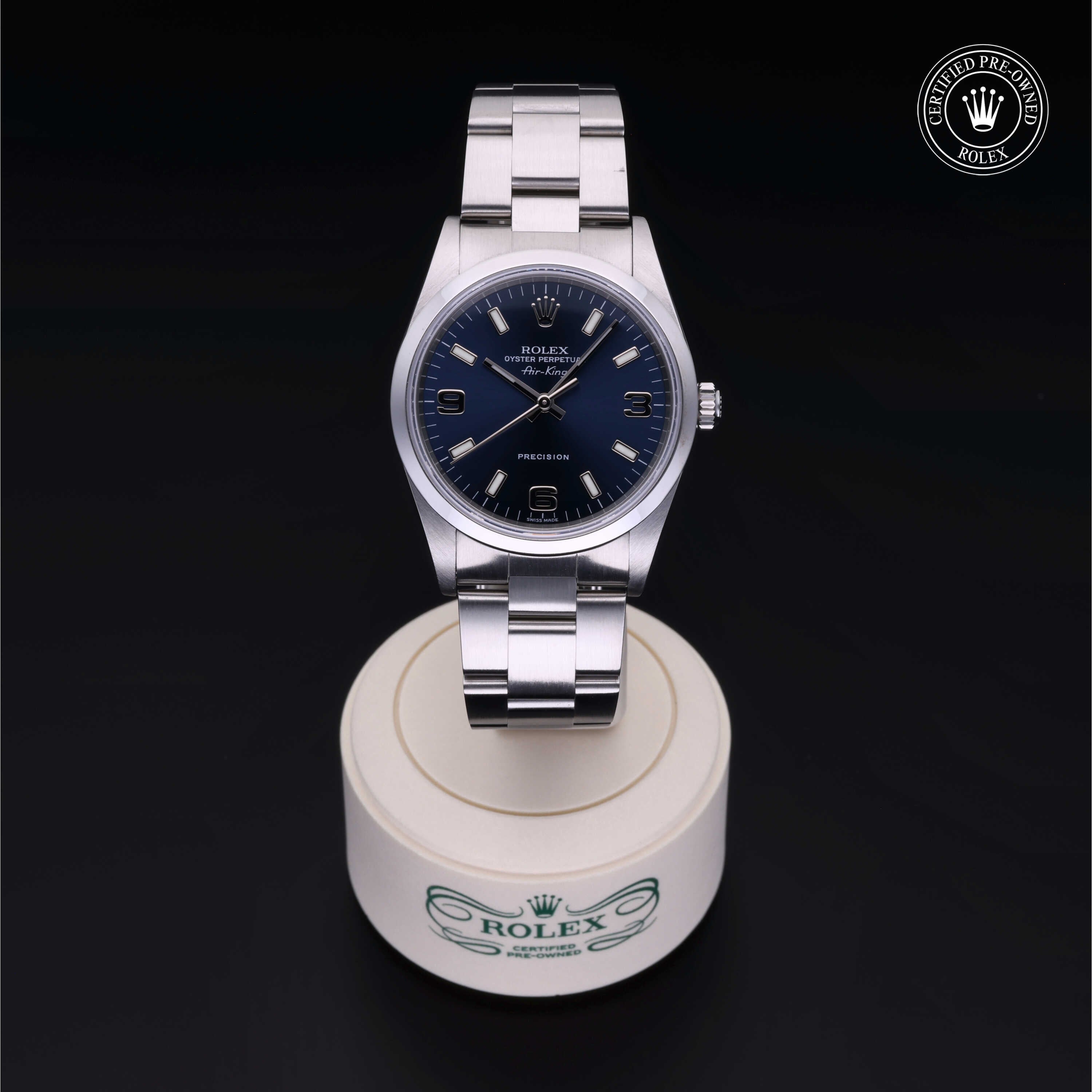 Rolex Certified Pre-owned Air-King M14000M-0010 front on black background