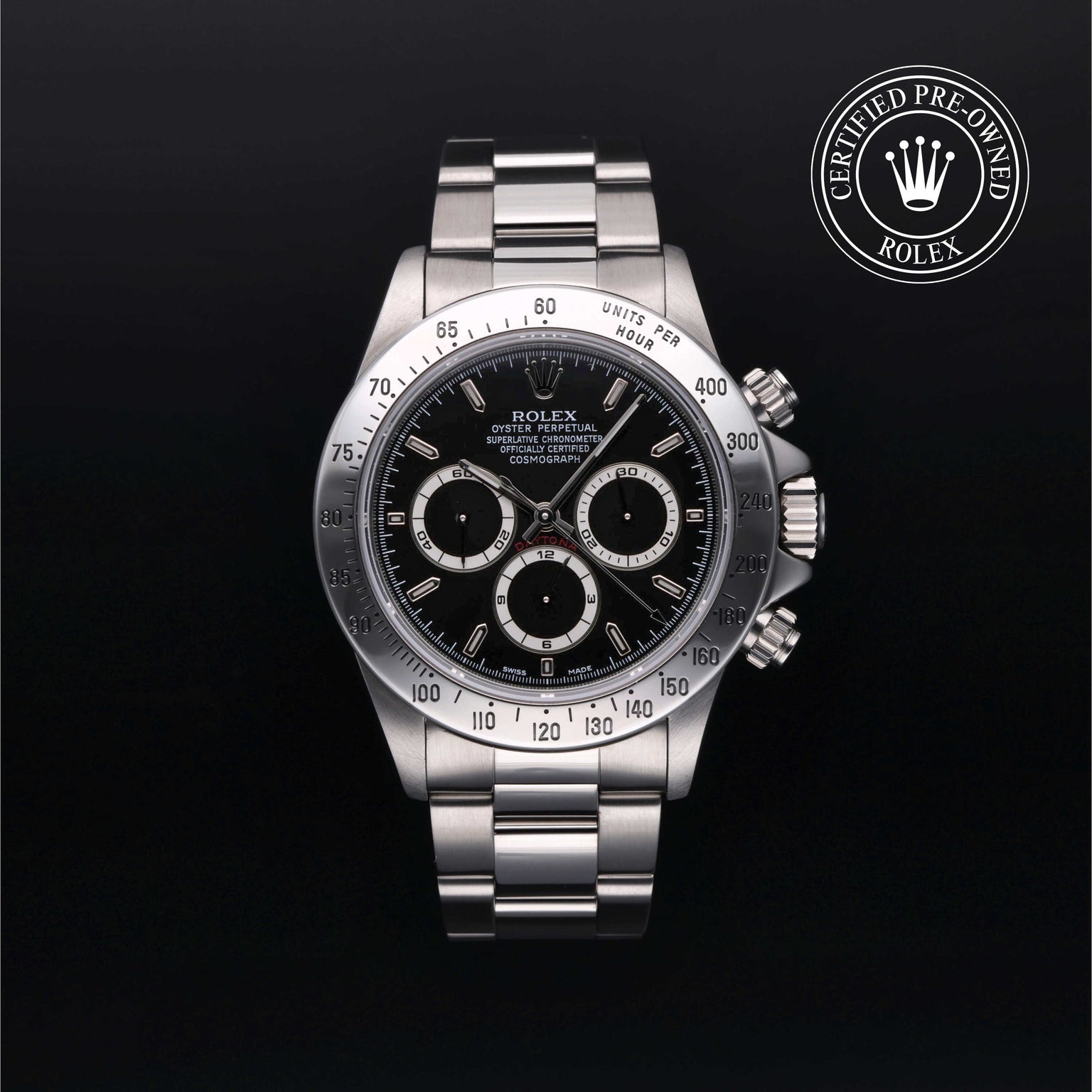 Rolex Certified Pre-owned Daytona M16520-0002 front on black background